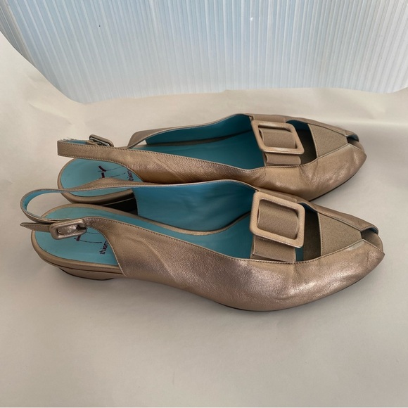 Thierry Rabotin Peep Toe Slingback Gold Wedge Heel Shoes   Size 9 - Picture 8 of 8